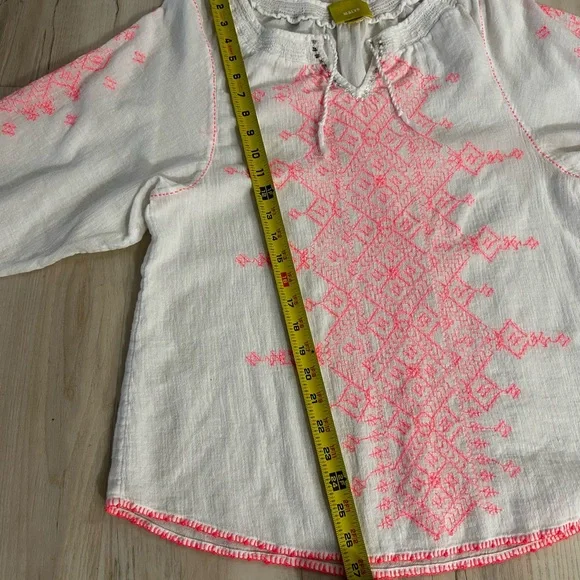 Maeve Anthropologie Sz 12 White Linen Boho Embroidered Blouse Pink Stitch - Picture 4 of 15